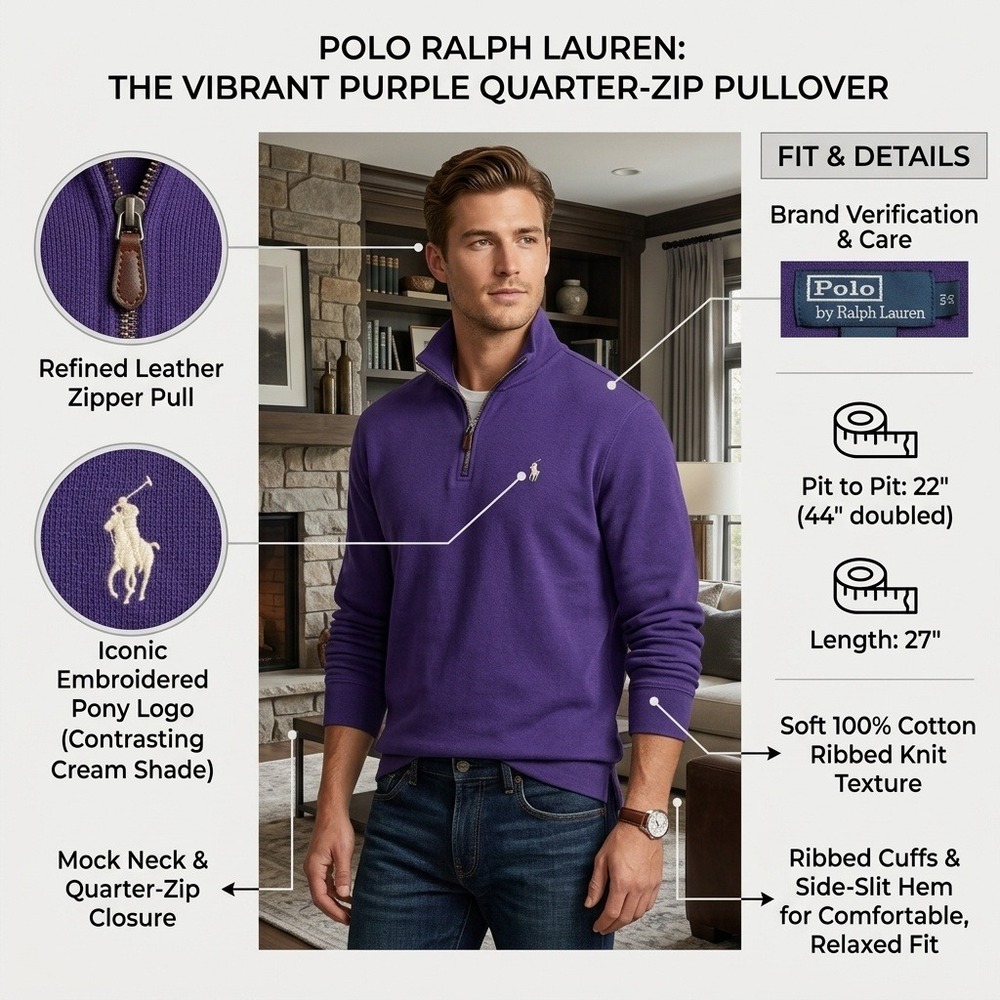 Polo Ralph Lauren Mens Purple Quarter Zip Pullover Cotton Sweater Size M